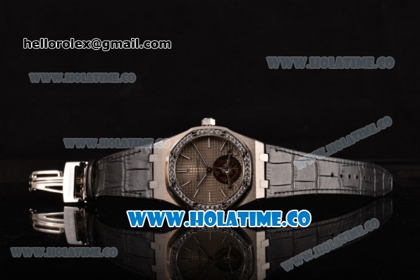 Audemars Piguet Royal Oak 41MM Swiss Tourbillon Manual Winding Steel Case with Diamonds Bezel Black Leather Strap and Grey Dial (FT) - Click Image to Close